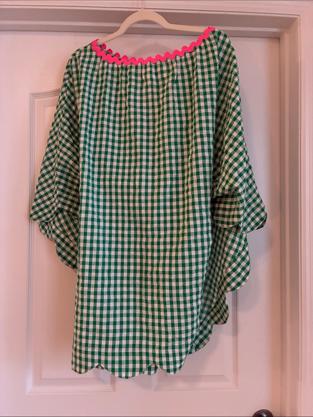 Sundress Paris Gingham Poncho Dress Pink Ric Rac Scalloped Hem Preppy Boho OS - Picture 6 of 8